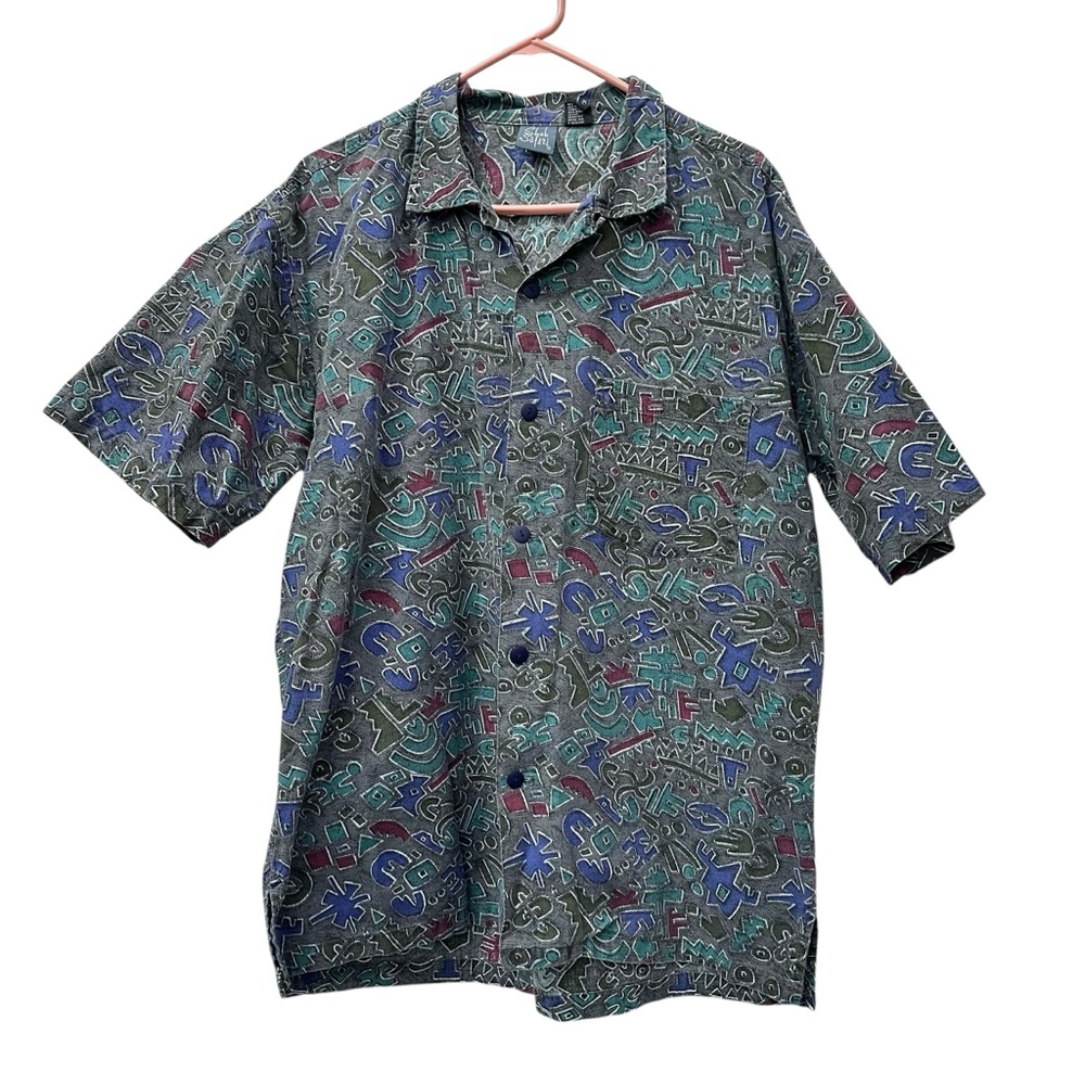 Vintage 90s Shah Safari Colorful Graphic Art Print Button Down Casual Shirt M